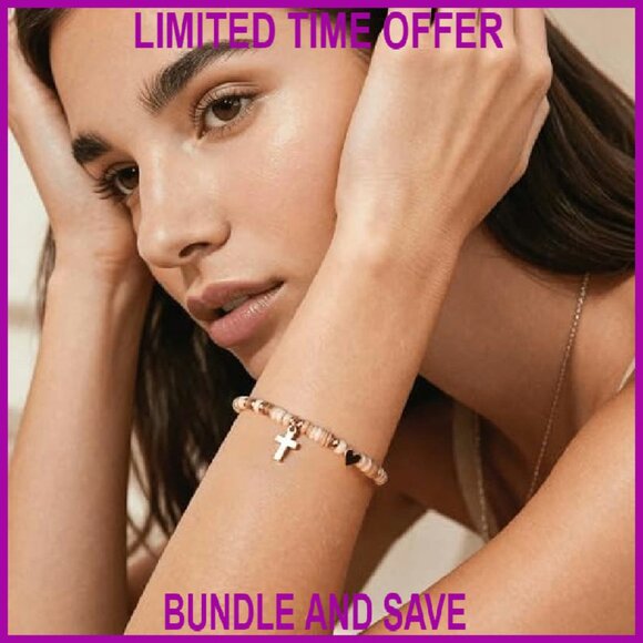 Natural Shell Beaded Bracelet with Cross Heart Charms Gold Plated Adjustable - Picture 4 of 7